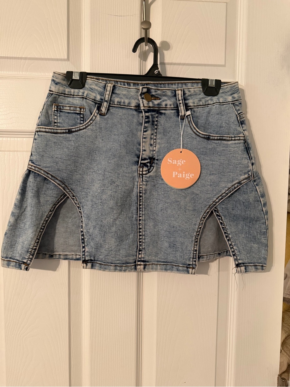 Sage + Paige Light Blue Denim Libby Mini Skirt with Front Slits